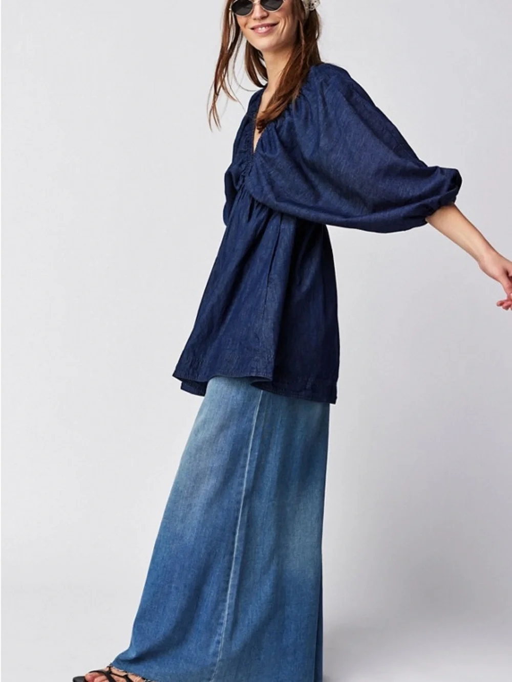 Free People Portia Demin Mini Dress Blue Summer Capsule Puff Sleeve | Medium